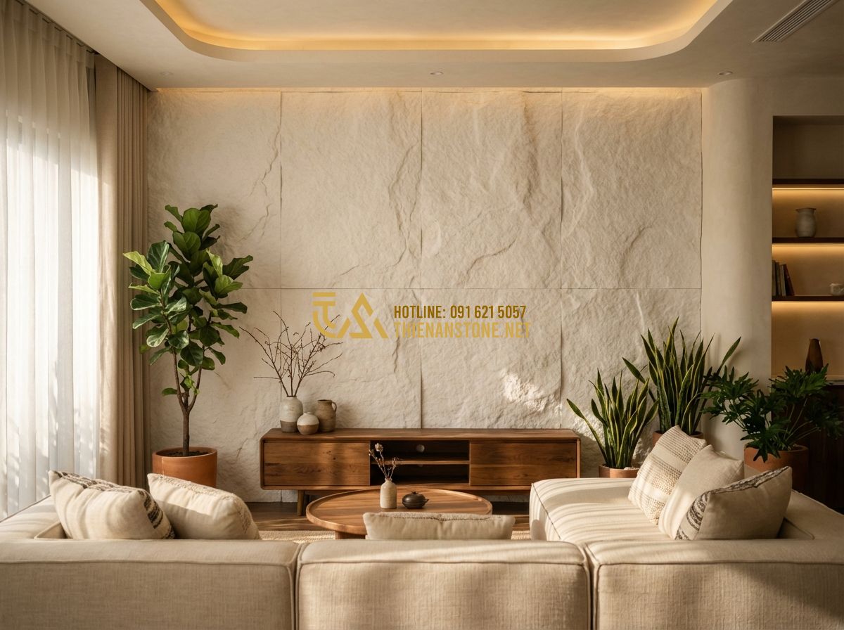 Đá Răng Lược Ốp Tường Có Nên Làm Không? Ưu Nhược Điểm & Lưu Ý Quan Trọng Khi Thi Công - Tạo ảnh tiếng Anh: Interior design of a luxury living room with a large accent w