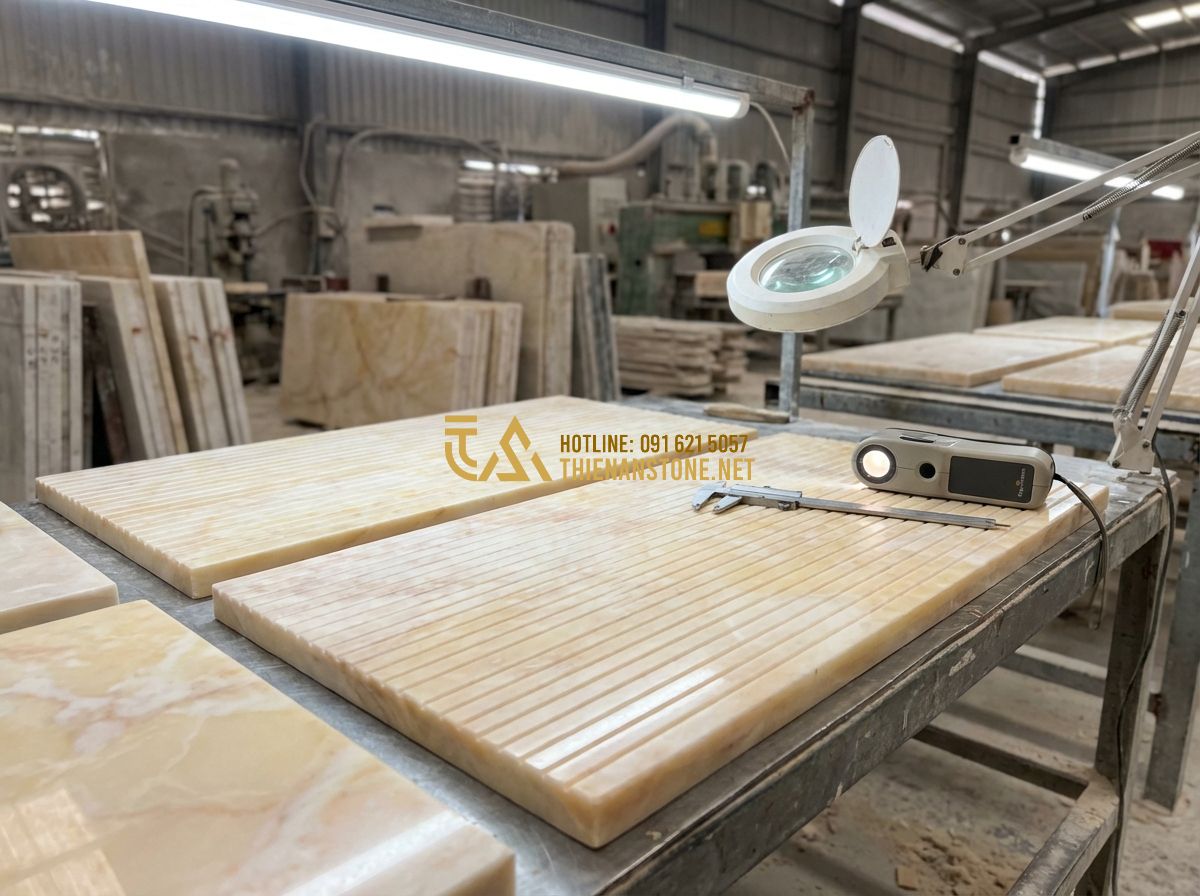 Đá Răng Lược Ốp Tường Có Nên Làm Không? Ưu Nhược Điểm & Lưu Ý Quan Trọng Khi Thi Công - Tạo ảnh tiếng Anh: Quality control process at a stone factory, a specialist exam