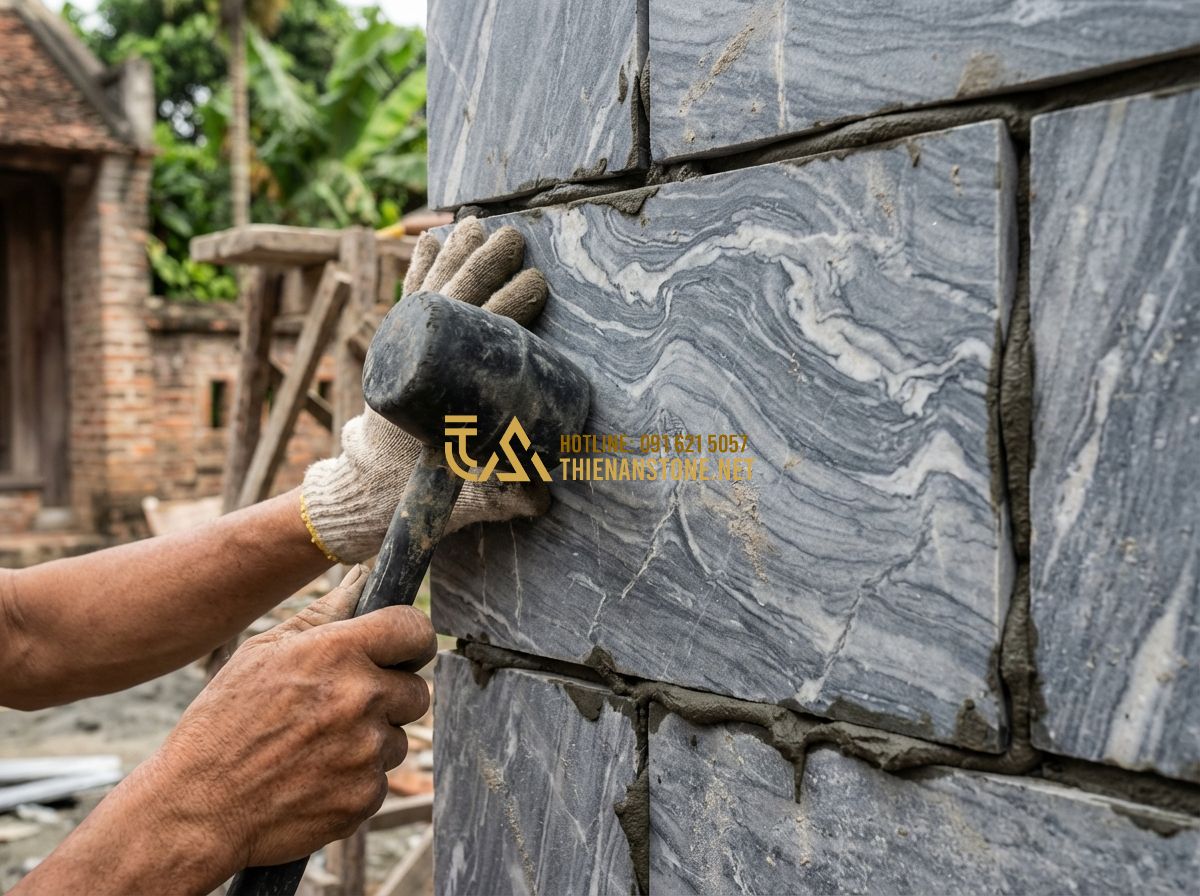 Đá Răng Lược Ốp Tường Có Nên Làm Không? Ưu Nhược Điểm & Lưu Ý Quan Trọng Khi Thi Công - Tạo ảnh tiếng Anh: Detailed shot of a mason's hands using a rubber mallet to car