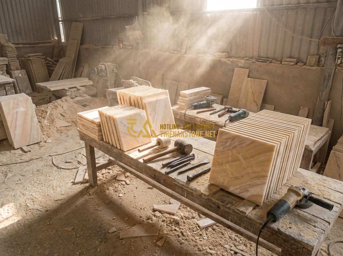 Đá Răng Lược Ốp Tường Đẹp 2026: 100+ Mẫu Đá Răng Lược Tự Nhiên Sang Trọng Cho Ngoại Thất & Nội Thất - Tạo ảnh tiếng Anh: Skilled artisans working in a stone workshop in Phu Tho, Viet