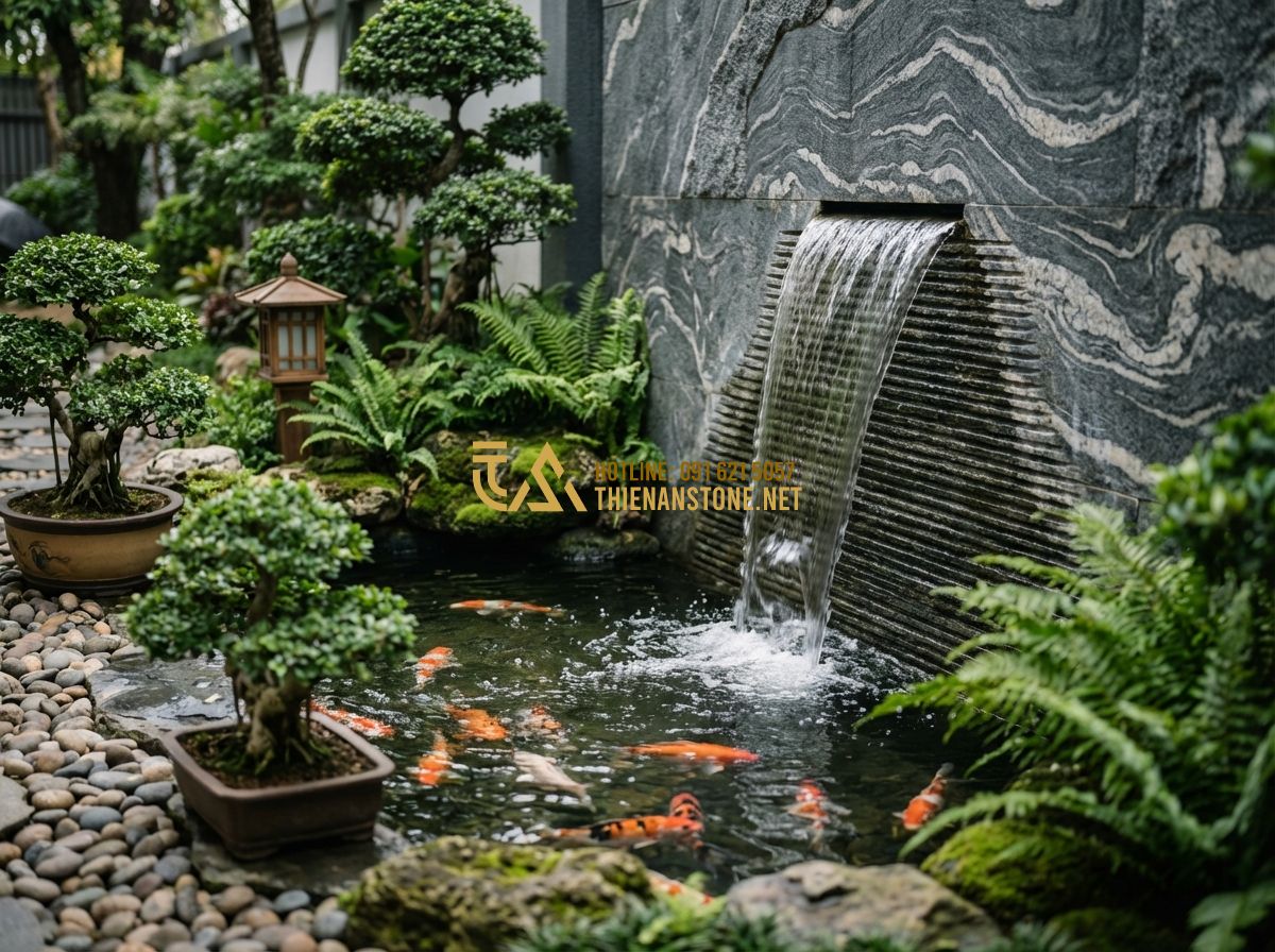 Đá Răng Lược Ốp Tường Đẹp 2026: 100+ Mẫu Đá Răng Lược Tự Nhiên Sang Trọng Cho Ngoại Thất & Nội Thất - Tạo ảnh tiếng Anh: A beautiful outdoor waterfall feature in a Zen garden, water