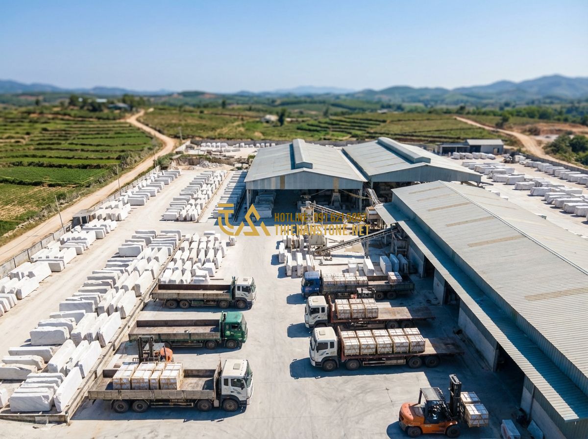 Đá Răng Lược Ốp Tường Đẹp 2026: 100+ Mẫu Đá Răng Lược Tự Nhiên Sang Trọng Cho Ngoại Thất & Nội Thất - Tạo ảnh tiếng Anh: An aerial view of a large-scale stone processing factory in r