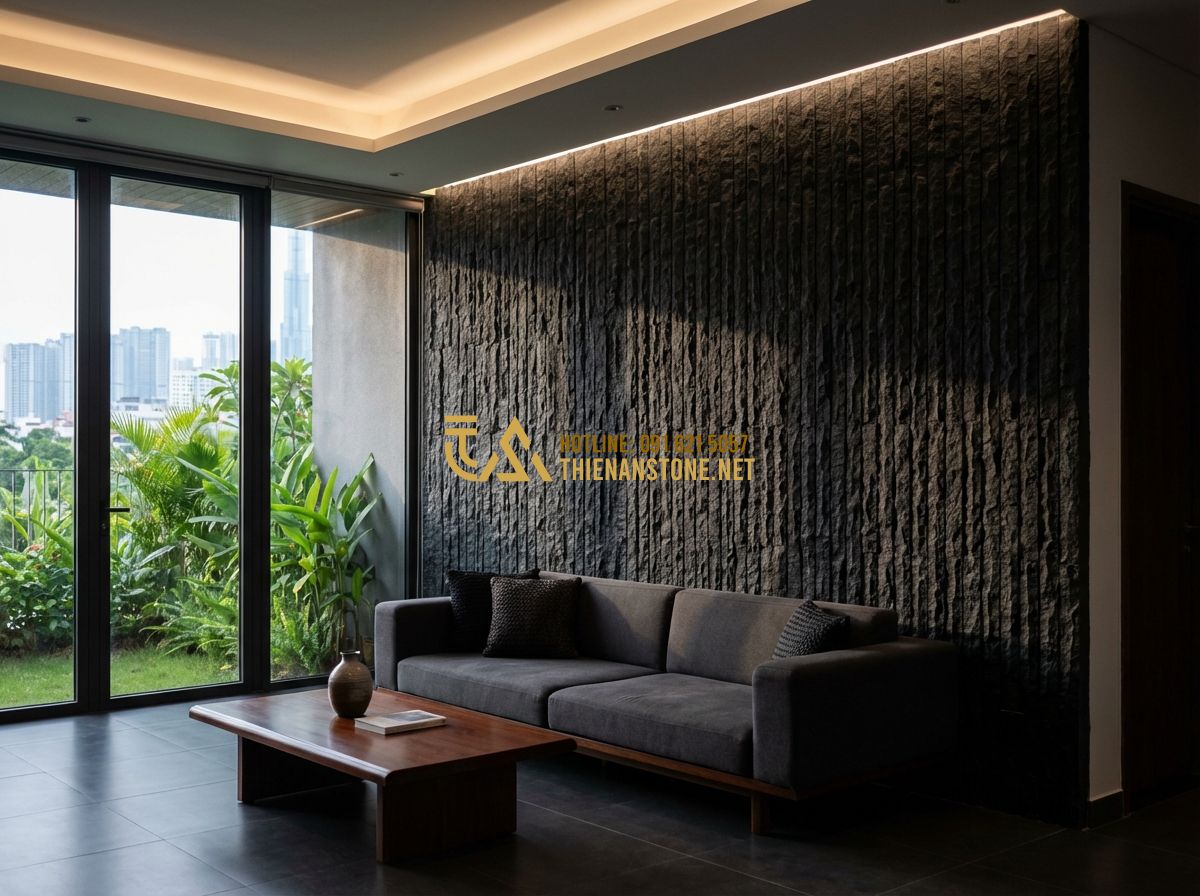 Đá Răng Lược Vàng, Đen, Trắng, Xám Ốp Tường: Đặc Điểm, Ứng Dụng & Mẫu Đẹp Nhất 2026 - Hình 3 Đá Răng Lược Vàng, Đen, Trắng, Xám Ốp Tường: Đặc Điểm, Ứng Dụng & Mẫu Đẹp Nhất 2026 - A sophisticated architectural design featuring a black comb stone accent wall in