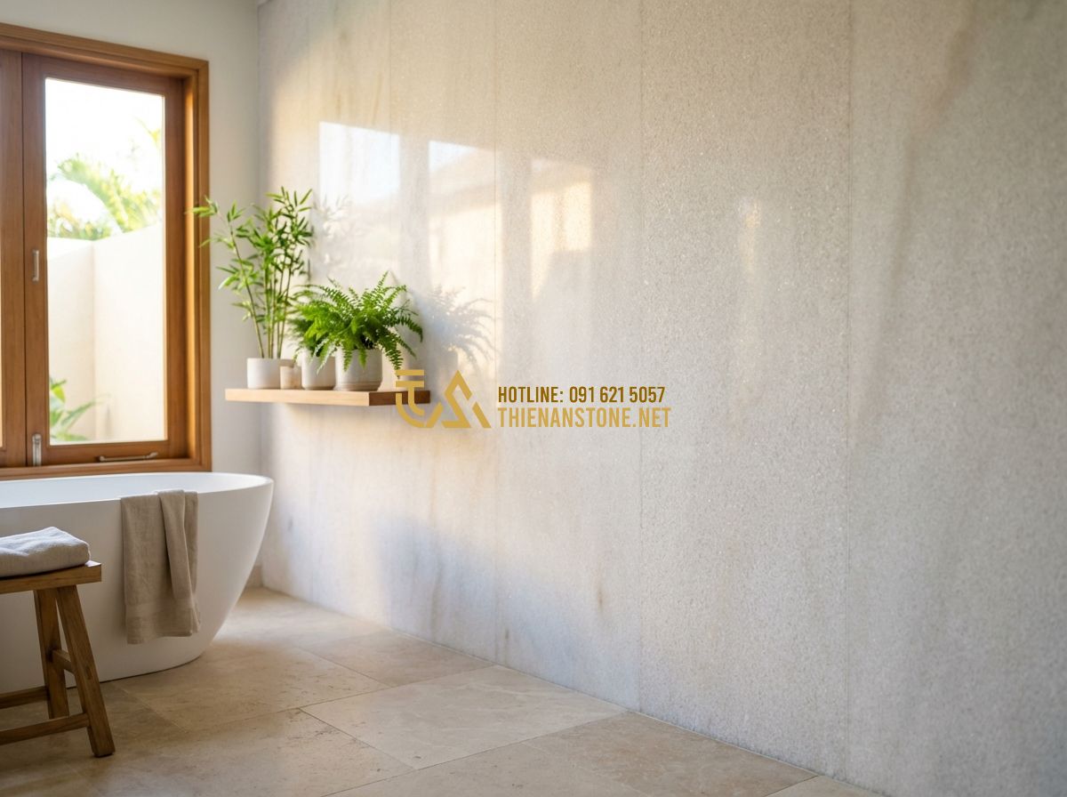 Đá Răng Lược Vàng, Đen, Trắng, Xám Ốp Tường: Đặc Điểm, Ứng Dụng & Mẫu Đẹp Nhất 2026 - Hình 4 Đá Răng Lược Vàng, Đen, Trắng, Xám Ốp Tường: Đặc Điểm, Ứng Dụng & Mẫu Đẹp Nhất 2026 - Interior design of a bright and airy bathroom or spa area featuring white comb s