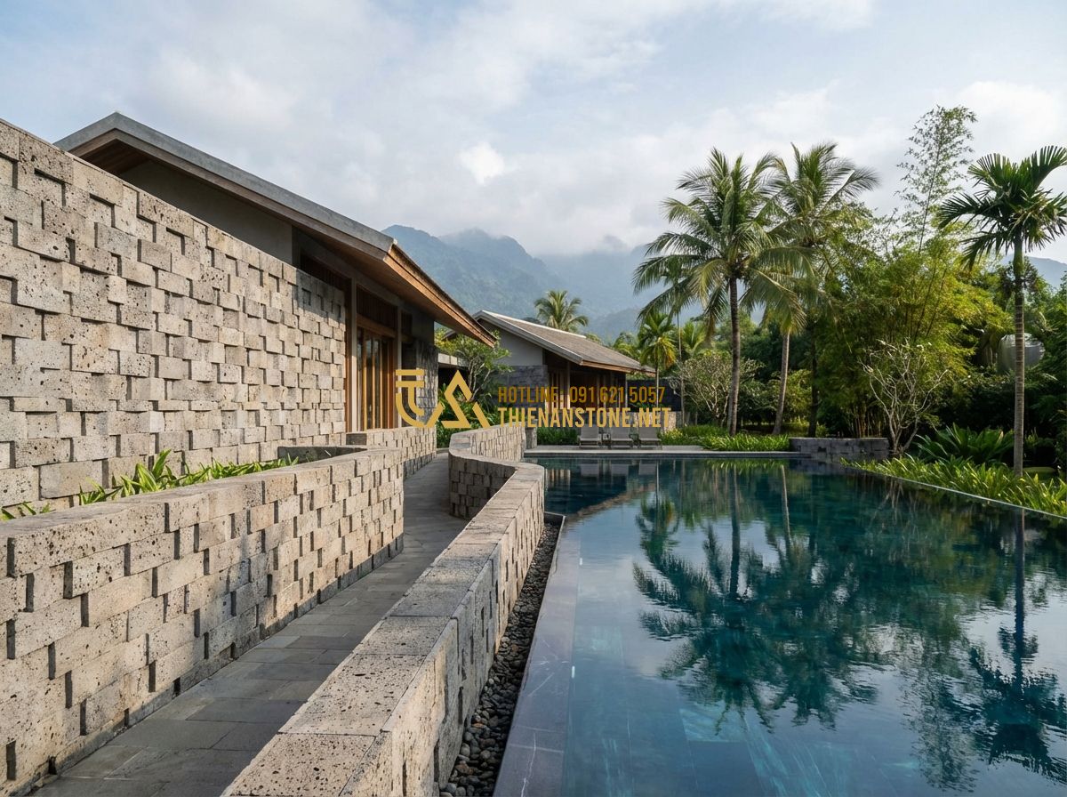 Đá Răng Lược Vàng, Đen, Trắng, Xám Ốp Tường: Đặc Điểm, Ứng Dụng & Mẫu Đẹp Nhất 2026 - Hình 5 Đá Răng Lược Vàng, Đen, Trắng, Xám Ốp Tường: Đặc Điểm, Ứng Dụng & Mẫu Đẹp Nhất 2026 - A wide shot of a modern resort exterior with gray comb stone walls. The gray sto