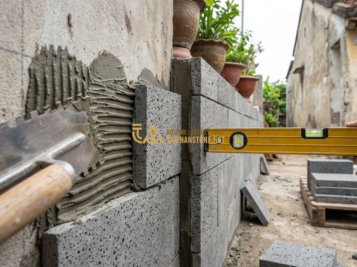 Đá Răng Lược Vàng, Đen, Trắng, Xám Ốp Tường: Đặc Điểm, Ứng Dụng & Mẫu Đẹp Nhất 2026 - Hình 7 Đá Răng Lược Vàng, Đen, Trắng, Xám Ốp Tường: Đặc Điểm, Ứng Dụng & Mẫu Đẹp Nhất 2026 - Detailed infographic or photo showing the step-by-step installation of comb ston