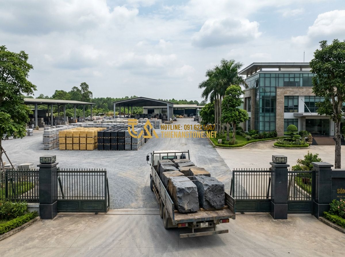 Đá Răng Lược Vàng, Đen, Trắng, Xám Ốp Tường: Đặc Điểm, Ứng Dụng & Mẫu Đẹp Nhất 2026 - Hình 8 Đá Răng Lược Vàng, Đen, Trắng, Xám Ốp Tường: Đặc Điểm, Ứng Dụng & Mẫu Đẹp Nhất 2026 - The grand entrance of Thien An Stone Factory in Phu Tho province. Show large blo