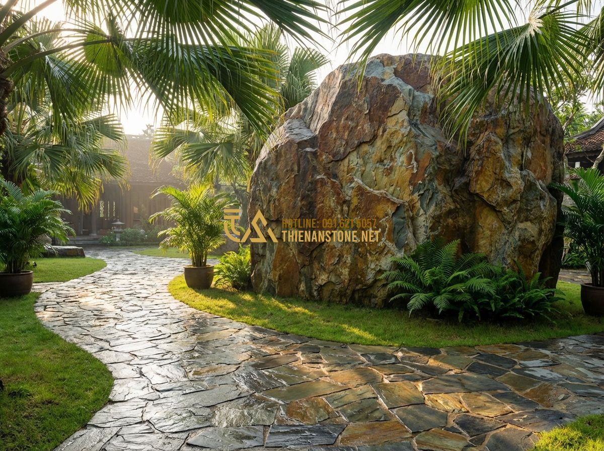 Đá Rối Đen Lai Châu & Đá Rối Đa Sắc: So Sánh, Ứng Dụng & Giá Thành Thực Tế - Tạo ảnh tiếng Anh: A high-end luxury resort garden featuring a natural stone pat