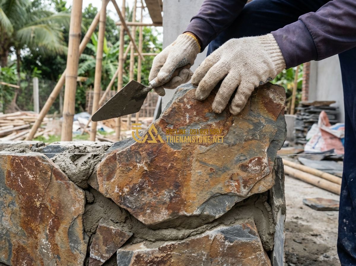 Đá Rối Đen Lai Châu & Đá Rối Đa Sắc: So Sánh, Ứng Dụng & Giá Thành Thực Tế - Tạo ảnh tiếng Anh: Close-up of a skilled mason's hands carefully placing an irre