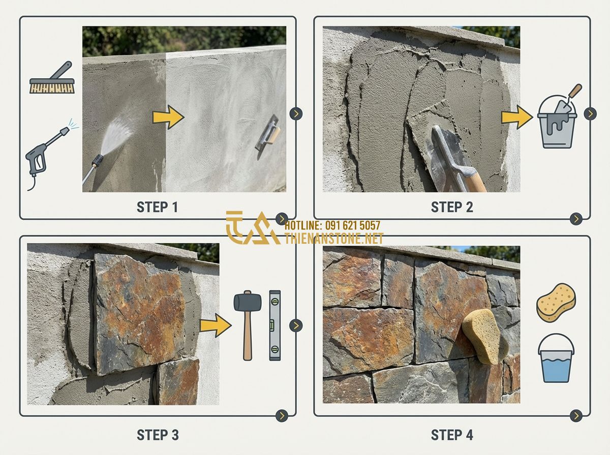Đá Rối Đen Lai Châu & Đá Rối Đa Sắc: So Sánh, Ứng Dụng & Giá Thành Thực Tế - Tạo ảnh tiếng Anh: Step-by-step infographic showing the installation process of