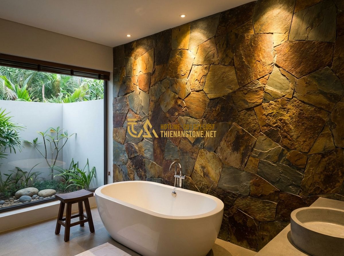 Đá Rối Đen Lai Châu & Đá Rối Đa Sắc: So Sánh, Ứng Dụng & Giá Thành Thực Tế - Tạo ảnh tiếng Anh: A luxury modern bathroom with slate stone walls, a freestandi