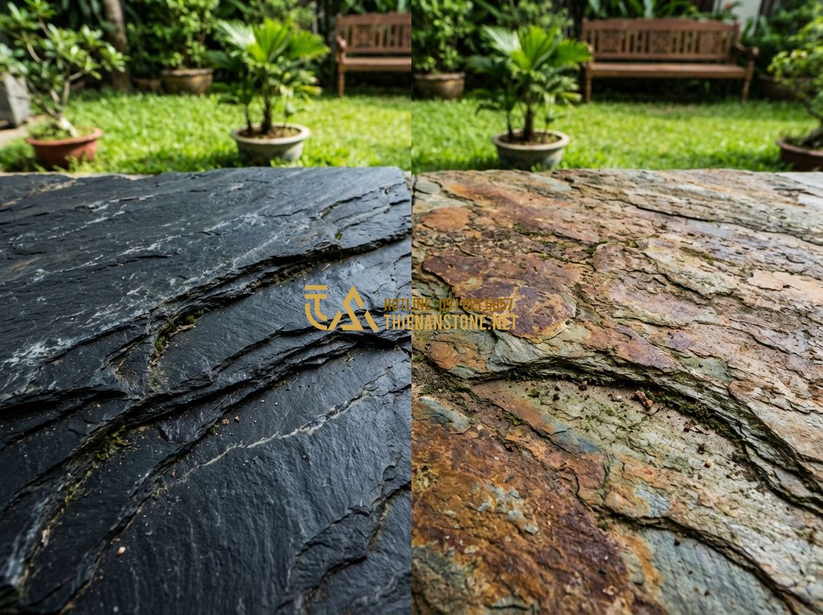 Đá Rối Đen Lai Châu & Đá Rối Đa Sắc: So Sánh, Ứng Dụng & Giá Thành Thực Tế - Tạo ảnh tiếng Anh: Comparison split screen showing Black Slate stone texture on
