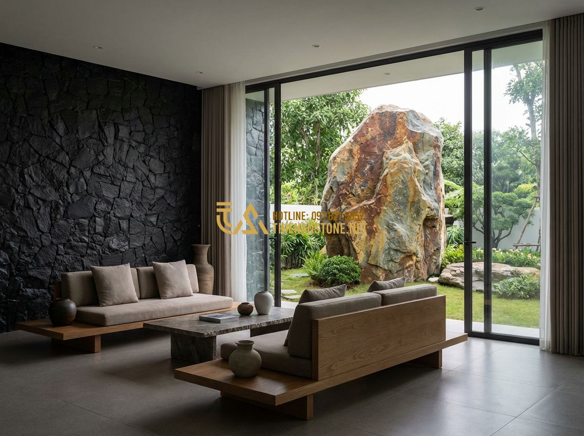 Đá Rối Đen Lai Châu & Đá Rối Đa Sắc: So Sánh, Ứng Dụng & Giá Thành Thực Tế - Tạo ảnh tiếng Anh: A modern living room with a feature wall made of black slate