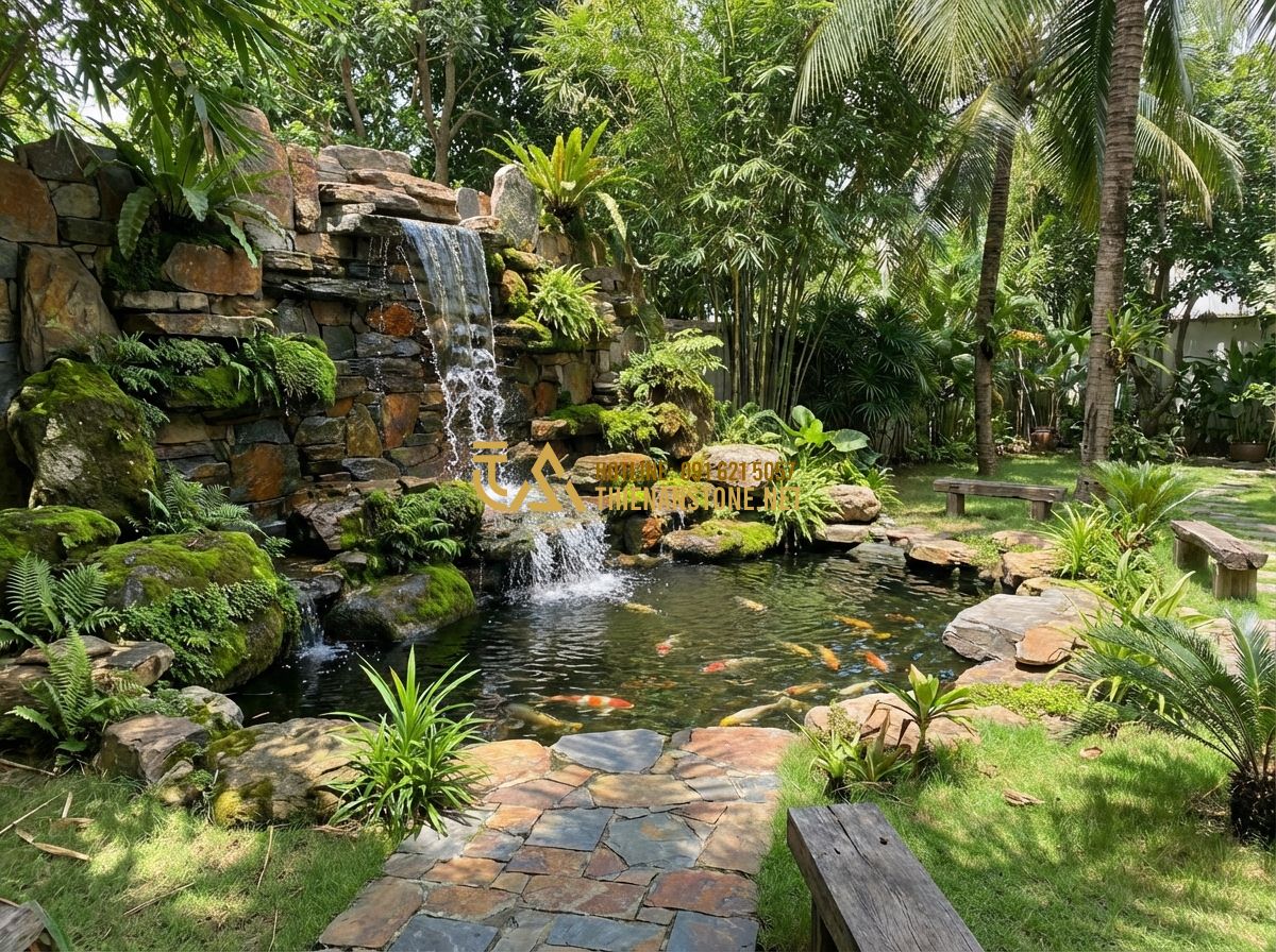Đá Rối Đen Lai Châu & Đá Rối Đa Sắc: So Sánh, Ứng Dụng & Giá Thành Thực Tế - Tạo ảnh tiếng Anh: A serene backyard garden featuring a small waterfall made of