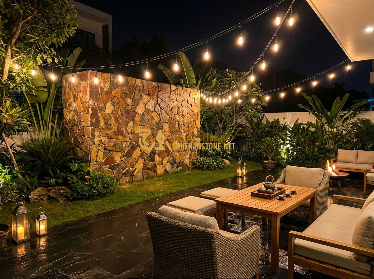 Đá Rối Đen Lai Châu & Đá Rối Đa Sắc: So Sánh, Ứng Dụng & Giá Thành Thực Tế - Tạo ảnh tiếng Anh: A cozy backyard terrace at night, floor paved with black slat