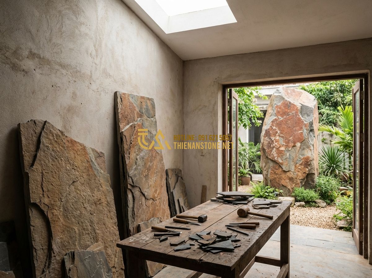 Đá Rối Đen Lai Châu & Đá Rối Đa Sắc: So Sánh, Ứng Dụng & Giá Thành Thực Tế - Tạo ảnh tiếng Anh: An artist's studio with large slate stone slabs leaning again