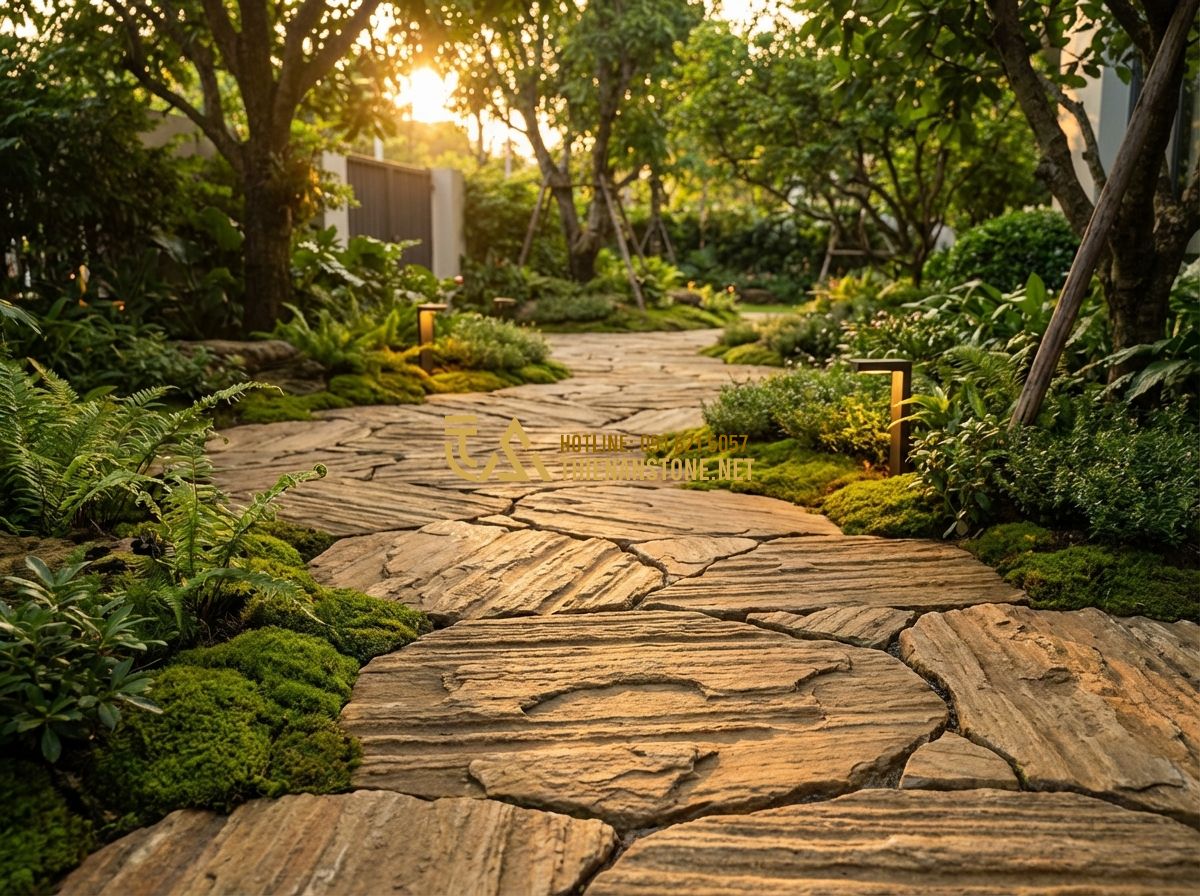Đá Rối Lát Sân Vườn Đẹp: Hướng Dẫn Lát Sân + Báo Giá Đá Rối Lát Sân Mới Nhất 2026 - Tạo ảnh tiếng Anh: A stunning garden path featuring natural irregular flagstone