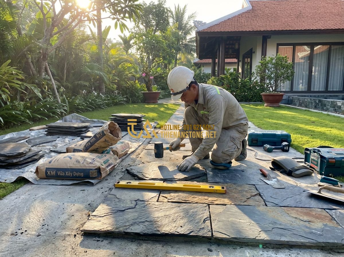 Đá Rối Lát Sân Vườn Đẹp: Hướng Dẫn Lát Sân + Báo Giá Đá Rối Lát Sân Mới Nhất 2026 - Tạo ảnh tiếng Anh: A professional construction worker carefully laying irregular