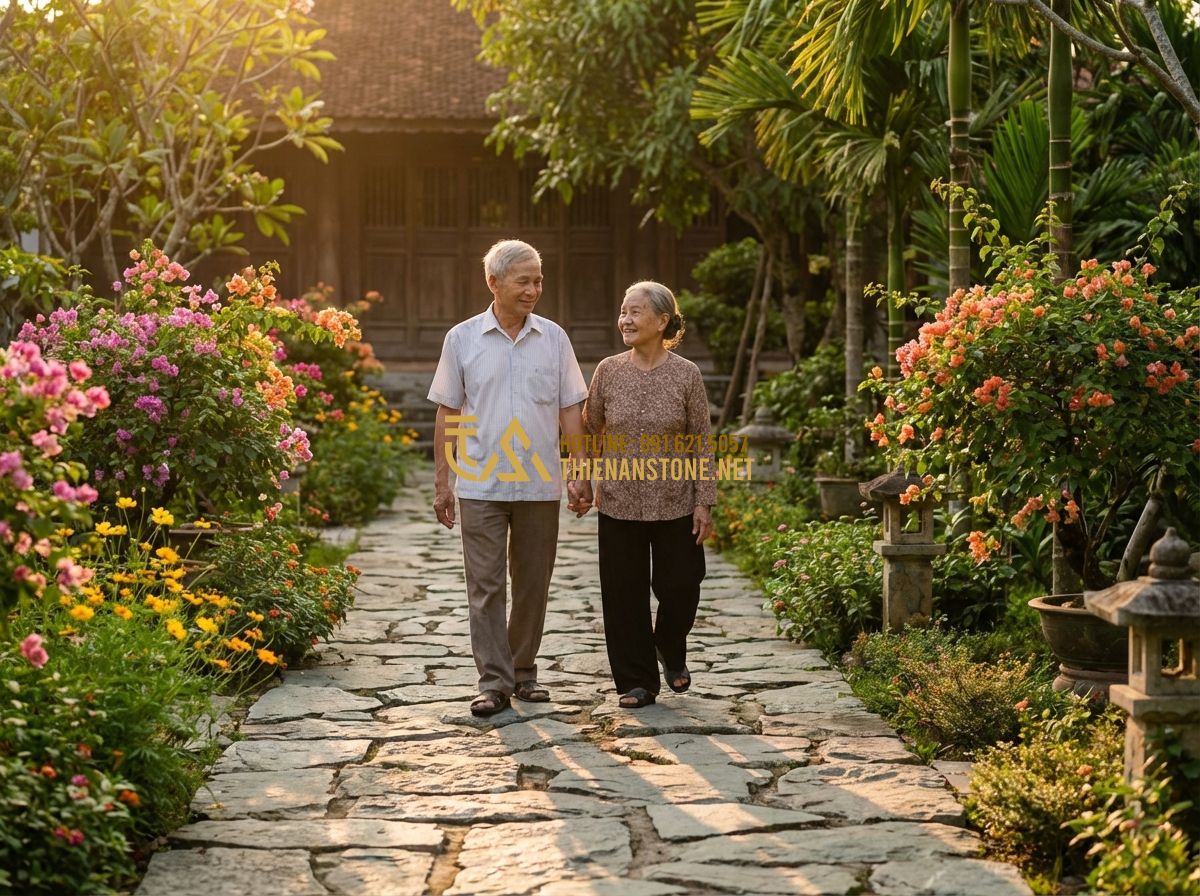 Đá Rối Lát Sân Vườn Đẹp: Hướng Dẫn Lát Sân + Báo Giá Đá Rối Lát Sân Mới Nhất 2026 - Tạo ảnh tiếng Anh: An elderly couple walking hand-in-hand on a beautiful irregul