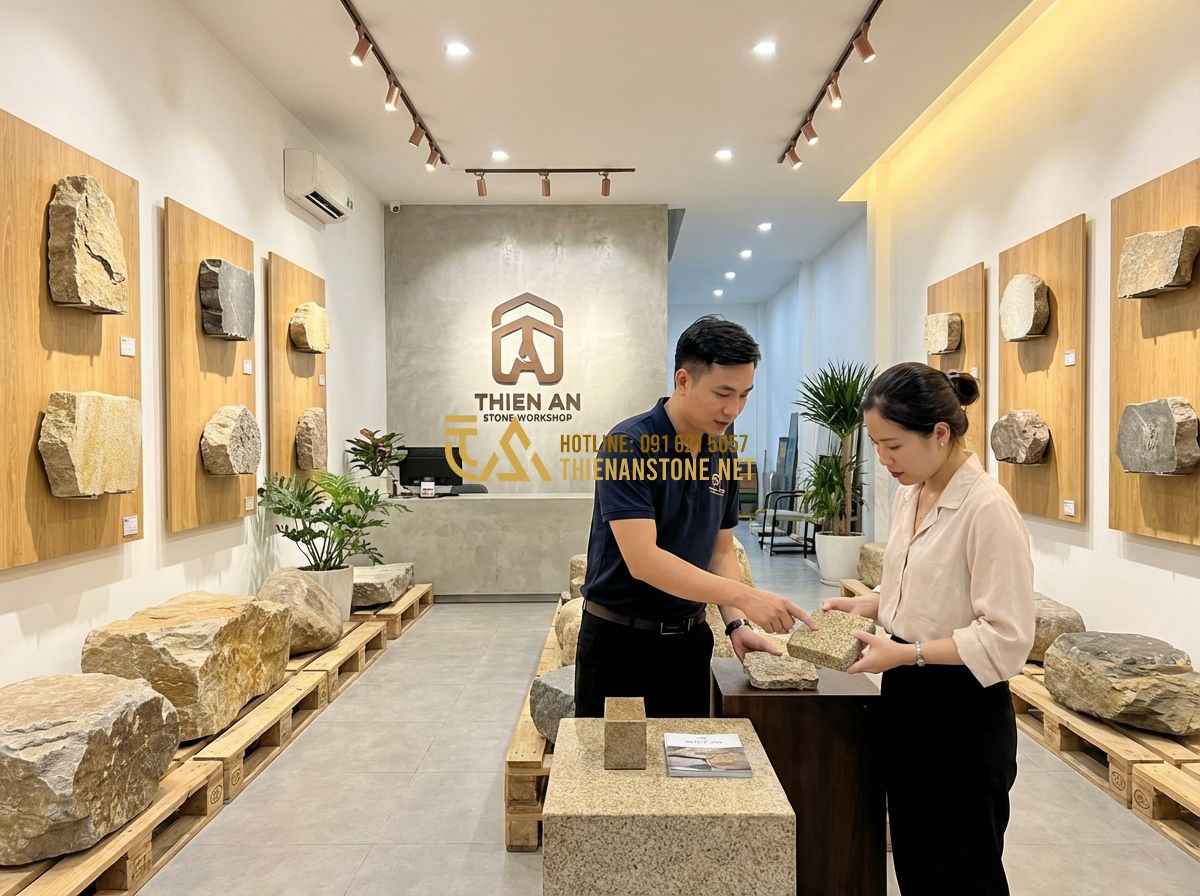 Đá Rối Lát Sân Vườn Đẹp: Hướng Dẫn Lát Sân + Báo Giá Đá Rối Lát Sân Mới Nhất 2026 - Tạo ảnh tiếng Anh: A professional showroom of Thien An Stone Workshop. Various t