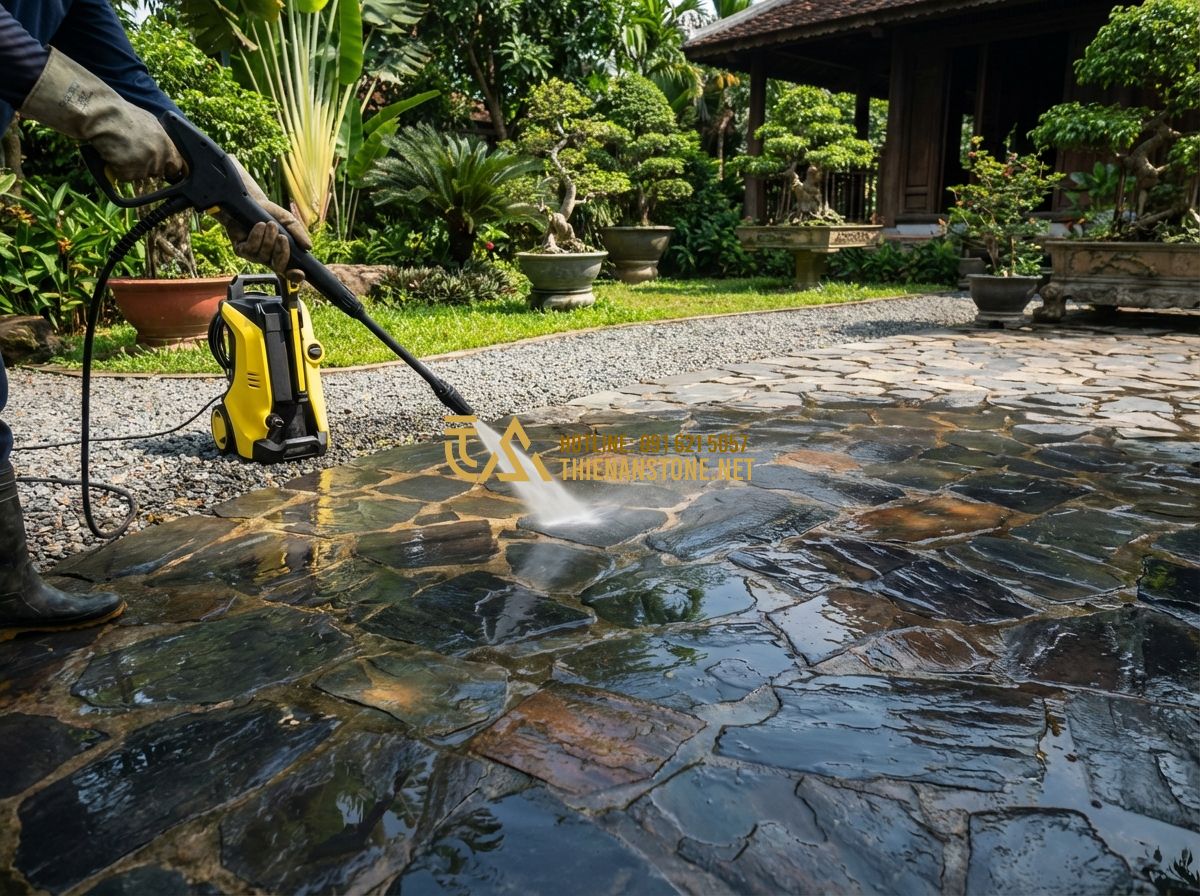 Đá Rối Lát Sân Vườn Đẹp: Hướng Dẫn Lát Sân + Báo Giá Đá Rối Lát Sân Mới Nhất 2026 - Tạo ảnh tiếng Anh: A maintenance scene where a person is using a high-pressure w