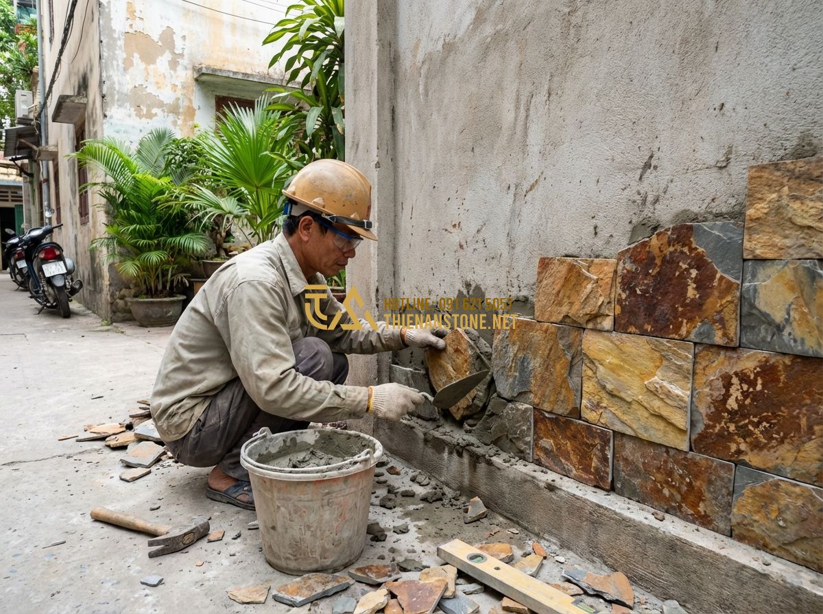 Đá Rối Ốp Chân Tường Có Nên Làm? Mẫu Đẹp & Lưu Ý Quan Trọng - Hình 4 Đá Rối Ốp Chân Tường Có Nên Làm? Mẫu Đẹp & Lưu Ý Quan Trọng - Tạo ảnh tiếng Anh: A professional mason worker carefully installing irregular na