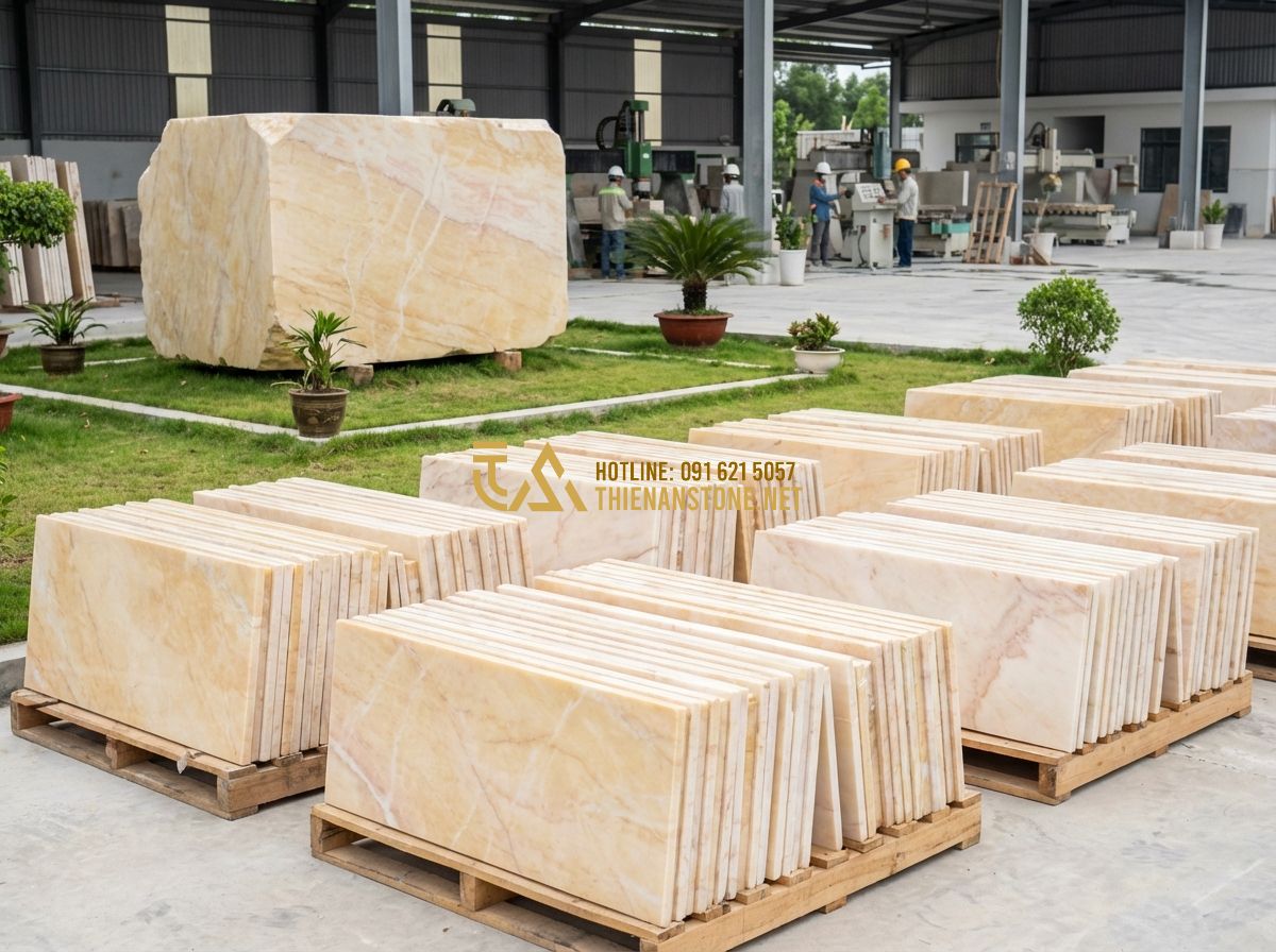 Đá Rối Ốp Chân Tường Có Nên Làm? Mẫu Đẹp & Lưu Ý Quan Trọng - Hình 6 Đá Rối Ốp Chân Tường Có Nên Làm? Mẫu Đẹp & Lưu Ý Quan Trọng - Tạo ảnh tiếng Anh: An organized outdoor display area at a stone factory (Thien A
