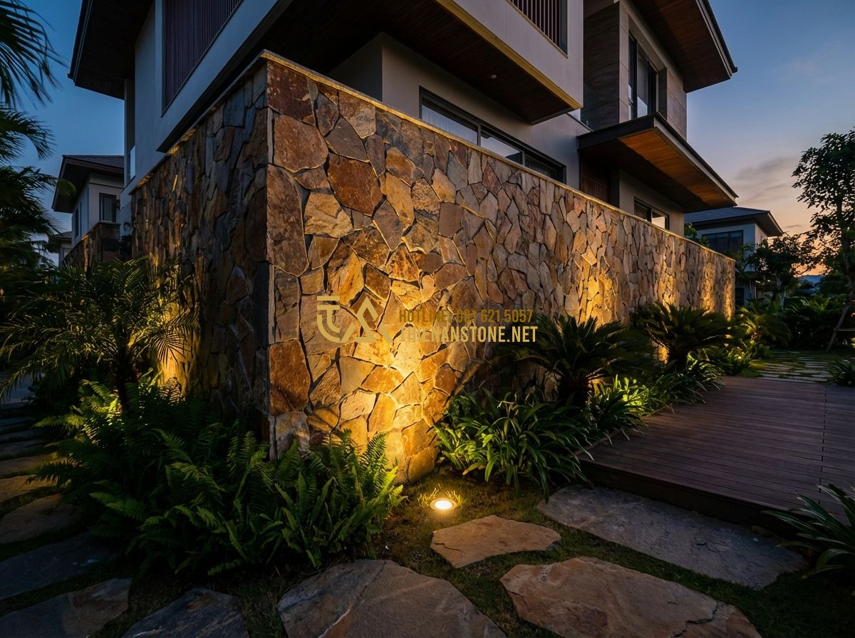 Đá Rối Ốp Chân Tường Có Nên Làm? Mẫu Đẹp & Lưu Ý Quan Trọng - Hình 8 Đá Rối Ốp Chân Tường Có Nên Làm? Mẫu Đẹp & Lưu Ý Quan Trọng - Tạo ảnh tiếng Anh: A final inspirational shot of a completed luxury home at dusk