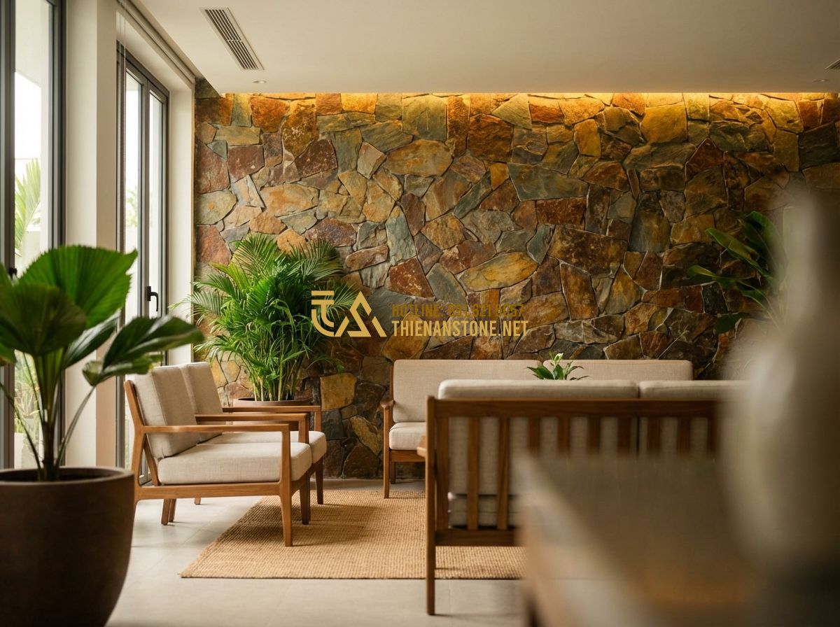 Đá Rối Ốp Tường Đẹp 2026: 120+ Mẫu Tường Đá Rối Tự Nhiên Sang Trọng & Hiện Đại Nhất - Tạo ảnh tiếng Anh: A luxury modern living room featuring a focal wall made of na