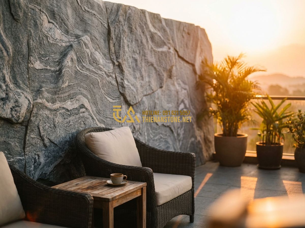Đá Rối Ốp Tường Đẹp 2026: 120+ Mẫu Tường Đá Rối Tự Nhiên Sang Trọng & Hiện Đại Nhất - Tạo ảnh tiếng Anh: A serene and high-end patio area with a natural stone wall. A