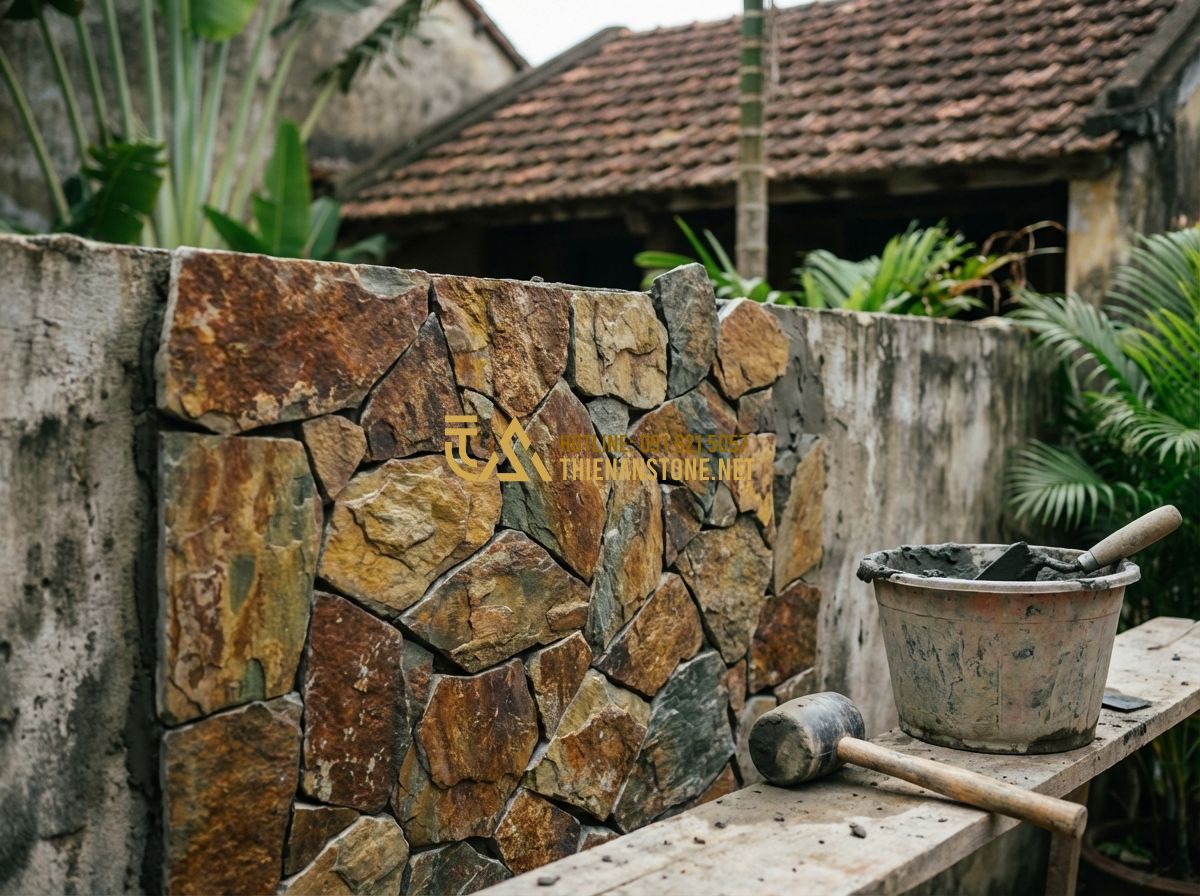 Đá Rối Ốp Tường Đẹp 2026: 120+ Mẫu Tường Đá Rối Tự Nhiên Sang Trọng & Hiện Đại Nhất - Tạo ảnh tiếng Anh: Professional stonemason carefully installing irregular natura