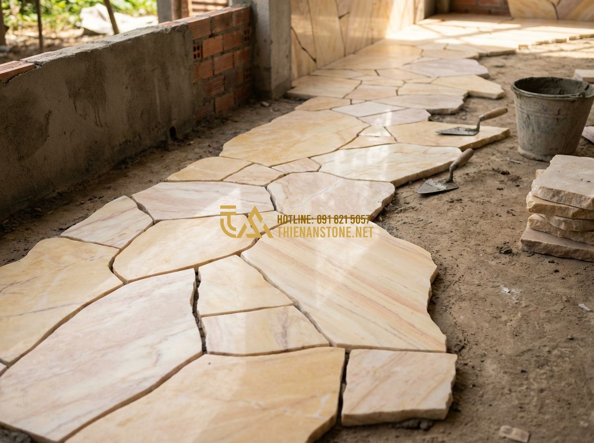 Đá Rối Ốp Tường Đẹp 2026: 120+ Mẫu Tường Đá Rối Tự Nhiên Sang Trọng & Hiện Đại Nhất - Tạo ảnh tiếng Anh: A detailed view of a stonework process. Different shapes of n