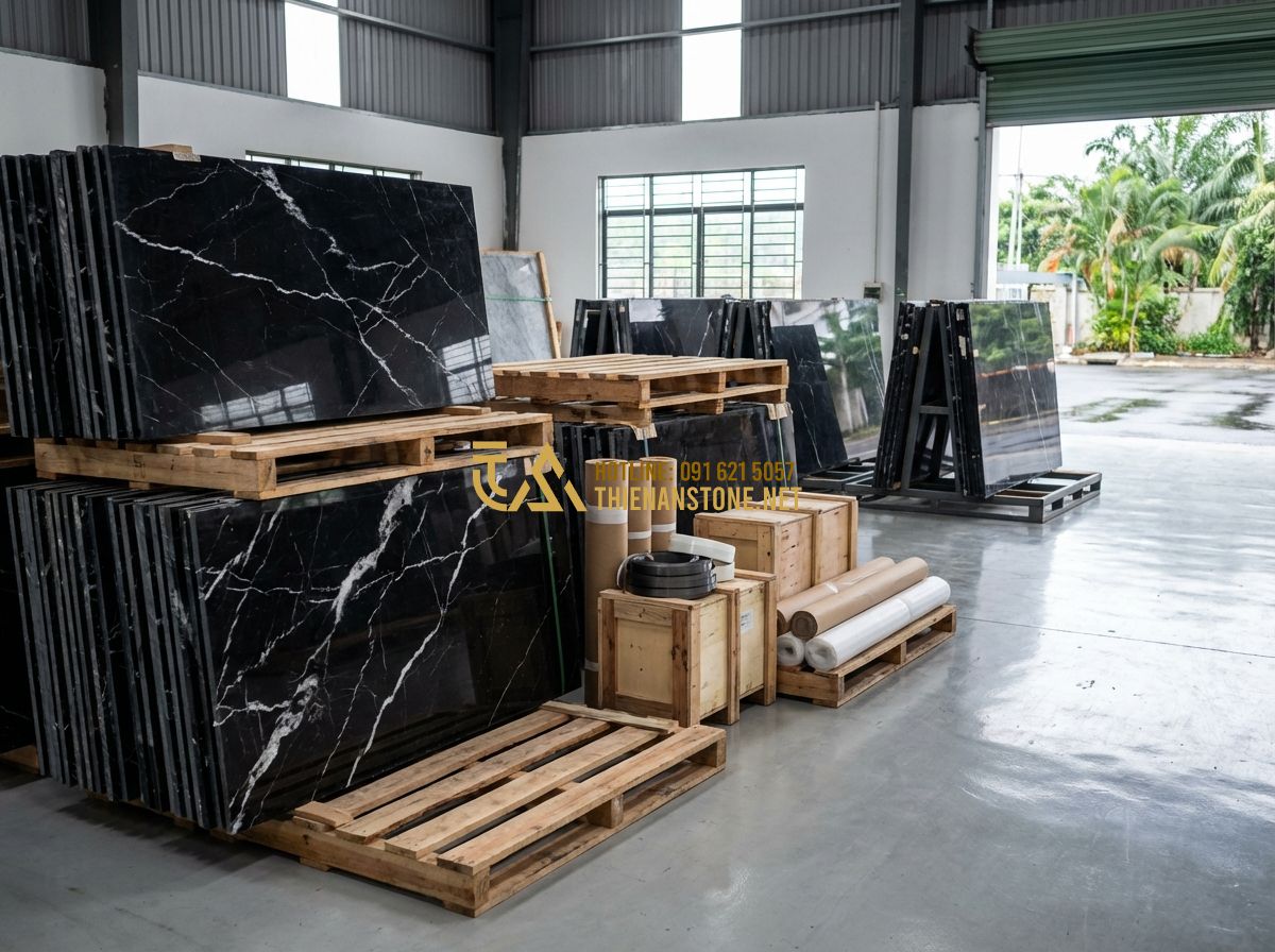 Đá Rối Ốp Tường Đẹp 2026: 120+ Mẫu Tường Đá Rối Tự Nhiên Sang Trọng & Hiện Đại Nhất - Tạo ảnh tiếng Anh: A professional stone warehouse of Thien An Stone. Large palle