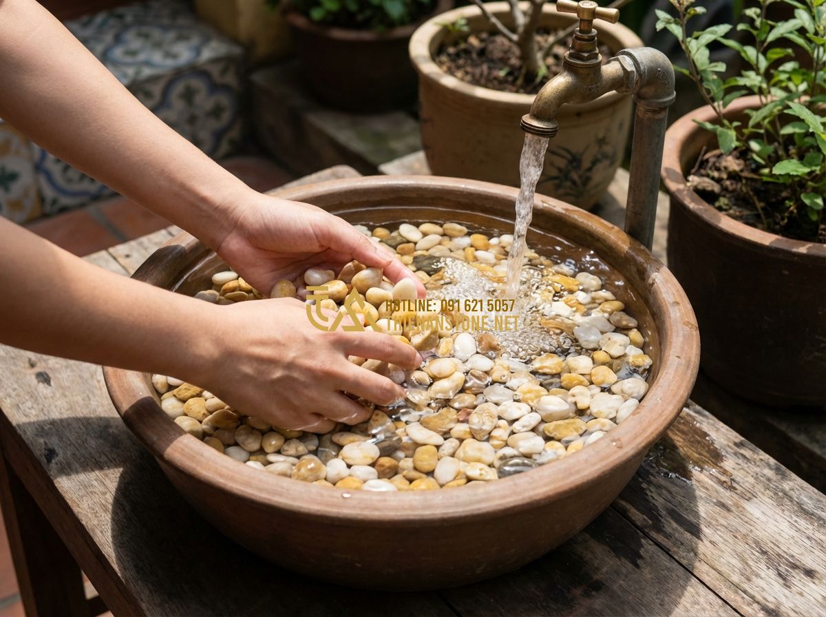 Đá Sỏi Trang Trí Hồ Cá Loại Nào Tốt? Review Chi Tiết Từ A-Z - Hình 3 Đá Sỏi Trang Trí Hồ Cá Loại Nào Tốt? Review Chi Tiết Từ A-Z - Tạo ảnh tiếng Anh: A detailed view of natural river pebbles of various sizes. Th