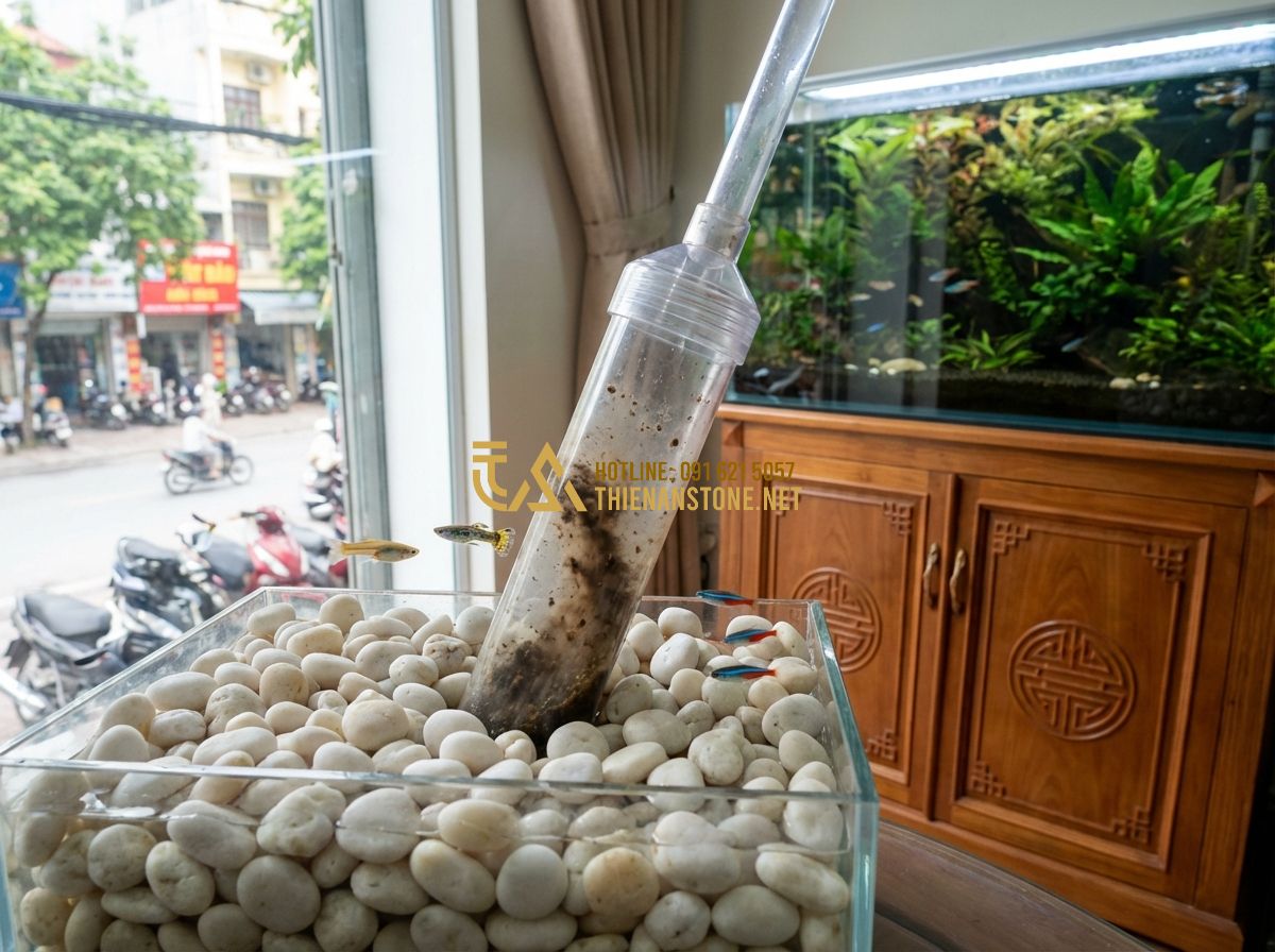 Đá Sỏi Trang Trí Hồ Cá Loại Nào Tốt? Review Chi Tiết Từ A-Z - Hình 6 Đá Sỏi Trang Trí Hồ Cá Loại Nào Tốt? Review Chi Tiết Từ A-Z - Tạo ảnh tiếng Anh: A wide shot of a professional stone craft workshop. Large cra