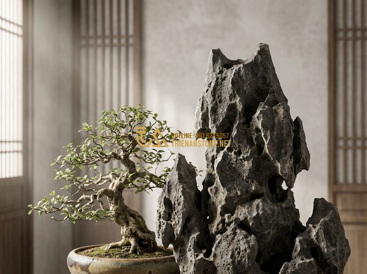 Đá Tai Mèo Bonsai Và Cách Làm Tiểu Cảnh Đá Tai Mèo Đẹp Chuẩn Chuyên Gia - Tạo ảnh tiếng Anh: A high-end bonsai tree artistically styled next to a rugged,