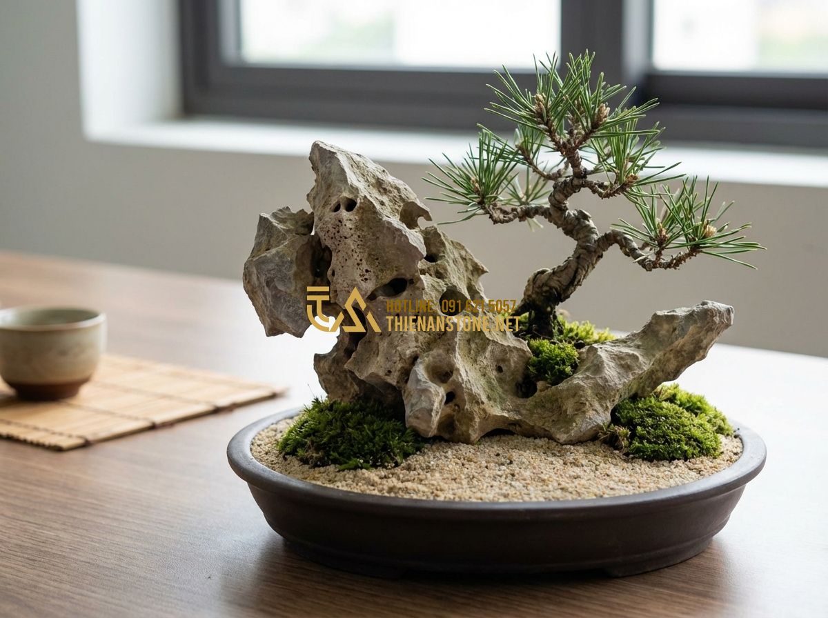 Đá Tai Mèo Bonsai Và Cách Làm Tiểu Cảnh Đá Tai Mèo Đẹp Chuẩn Chuyên Gia - Tạo ảnh tiếng Anh: A small desk-sized mini landscape using cat ear stones and a