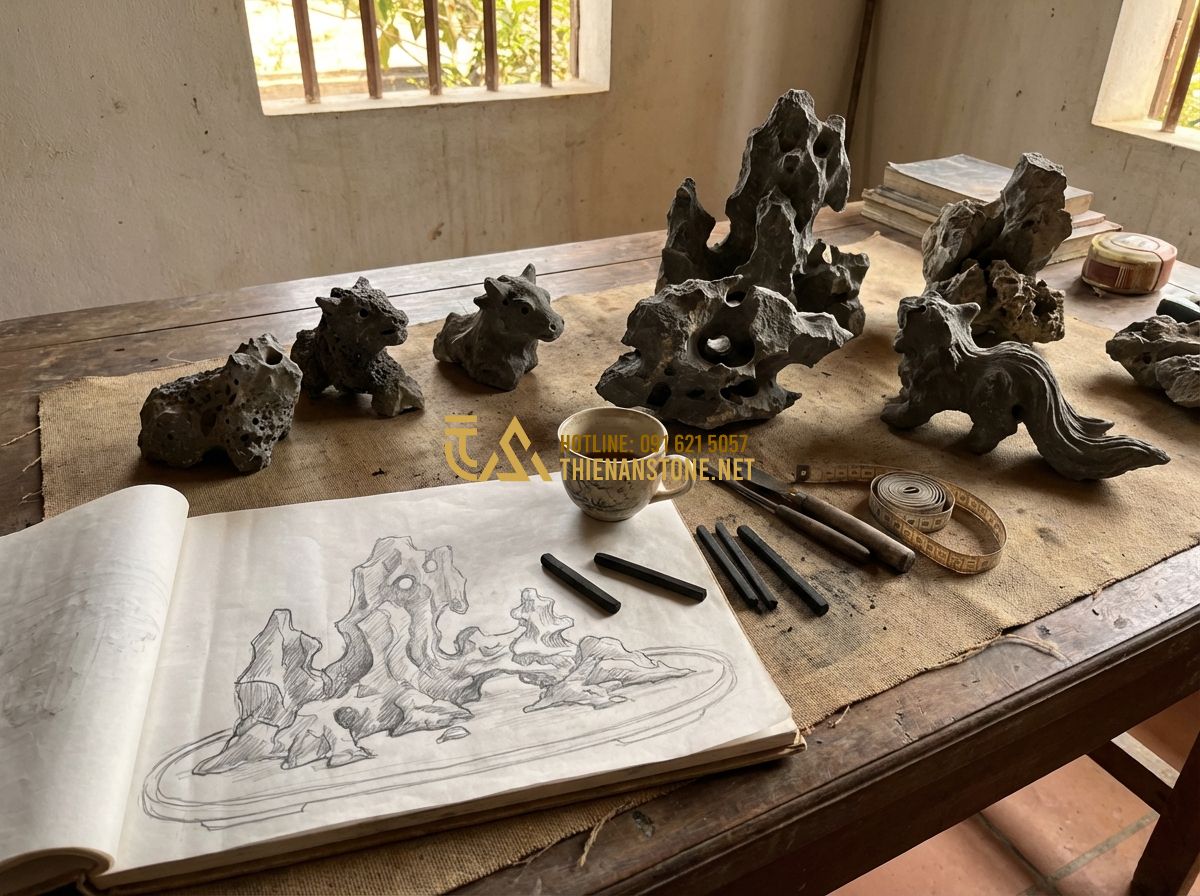 Đá Tai Mèo Bonsai Và Cách Làm Tiểu Cảnh Đá Tai Mèo Đẹp Chuẩn Chuyên Gia - Tạo ảnh tiếng Anh: A professional artisan sketching a layout design for a rock l