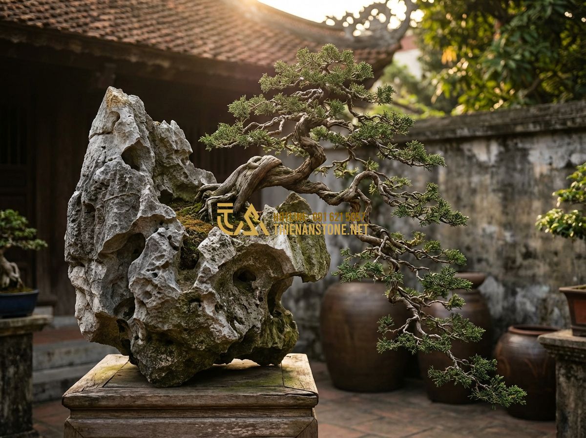Đá Tai Mèo Bonsai Và Cách Làm Tiểu Cảnh Đá Tai Mèo Đẹp Chuẩn Chuyên Gia - Tạo ảnh tiếng Anh: A masterfully created bonsai on a cat ear rock, cascading sty