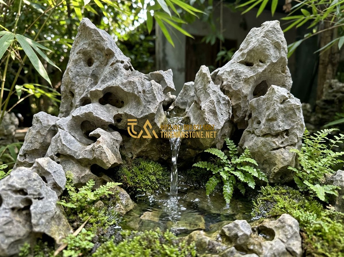 Đá Tai Mèo Bonsai Và Cách Làm Tiểu Cảnh Đá Tai Mèo Đẹp Chuẩn Chuyên Gia - Tạo ảnh tiếng Anh: A detailed water feature within a cat ear stone landscape, ti