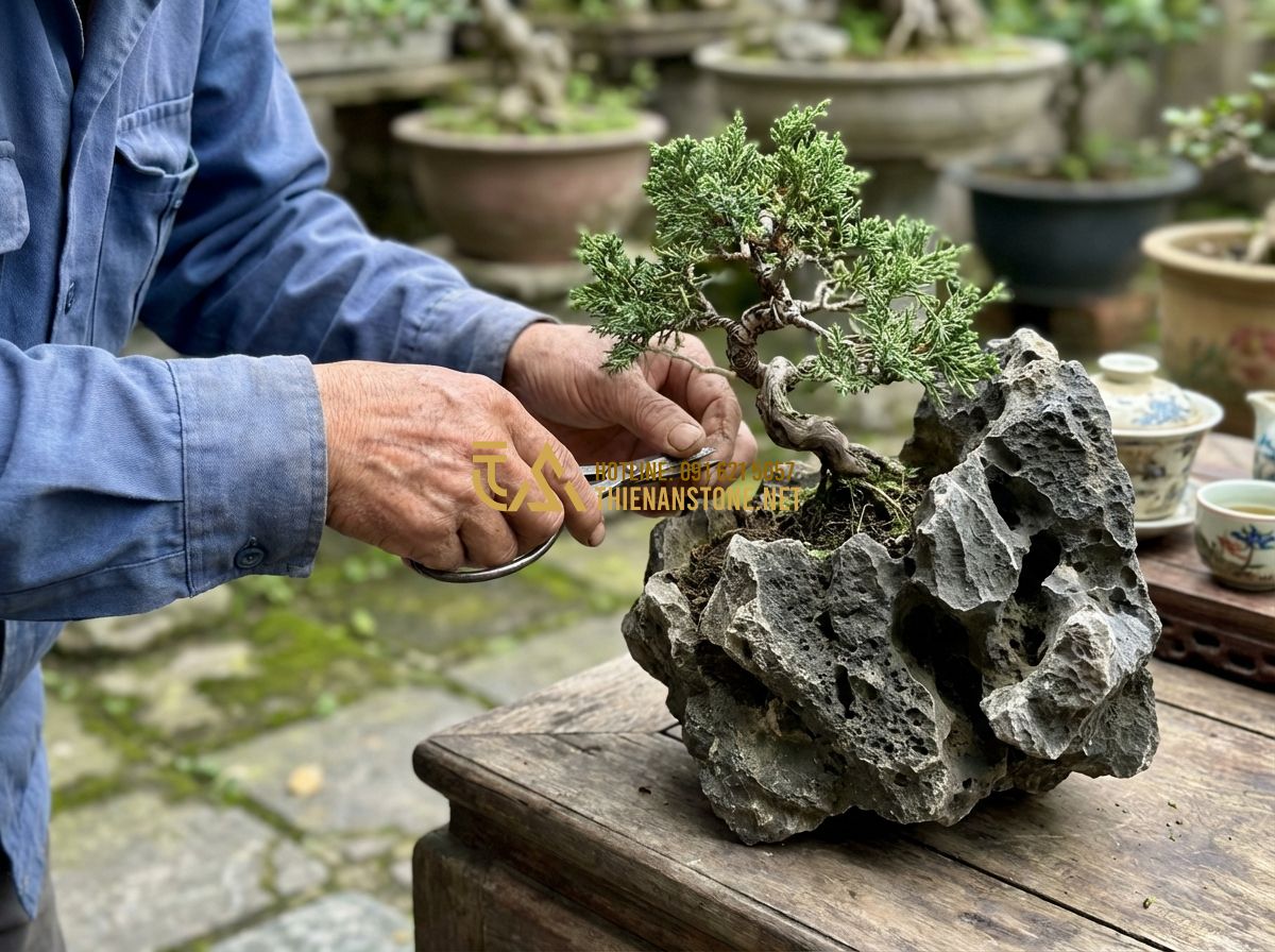 Đá Tai Mèo Bonsai Và Cách Làm Tiểu Cảnh Đá Tai Mèo Đẹp Chuẩn Chuyên Gia - Tạo ảnh tiếng Anh: A person delicately pruning a bonsai tree on a cat ear stone