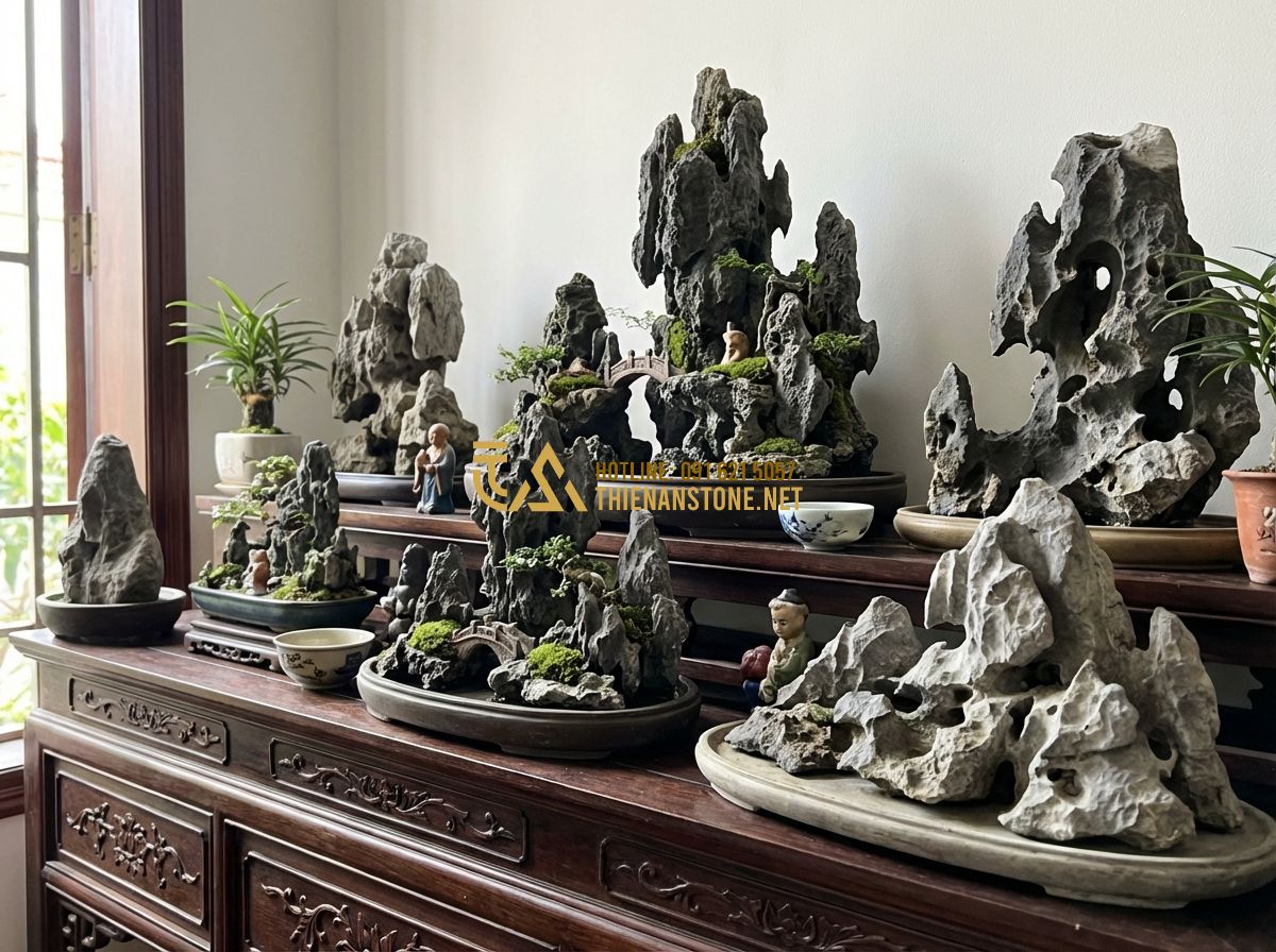 Đá Tai Mèo Bonsai Và Cách Làm Tiểu Cảnh Đá Tai Mèo Đẹp Chuẩn Chuyên Gia - Tạo ảnh tiếng Anh: A collection of different mini cat ear stone landscape models