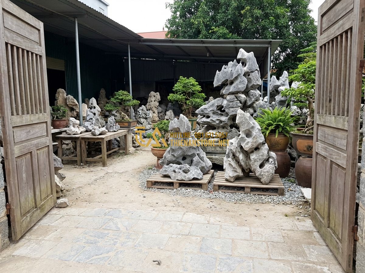 Đá Tai Mèo Bonsai Và Cách Làm Tiểu Cảnh Đá Tai Mèo Đẹp Chuẩn Chuyên Gia - Tạo ảnh tiếng Anh: The entrance of "Xưởng Đá Mỹ Nghệ Thiên An" stone workshop, s