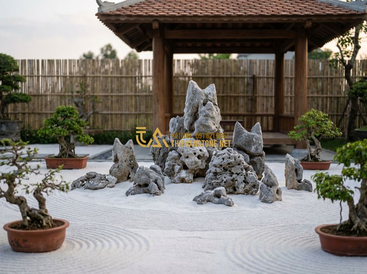 Đá Tai Mèo Là Gì? Đặc Điểm, Nguồn Gốc Và Tất Tần Tật Thông Tin Quan Trọng Nhất - Tạo ảnh tiếng Anh: A beautiful Zen garden featuring cat ear stones arranged as a