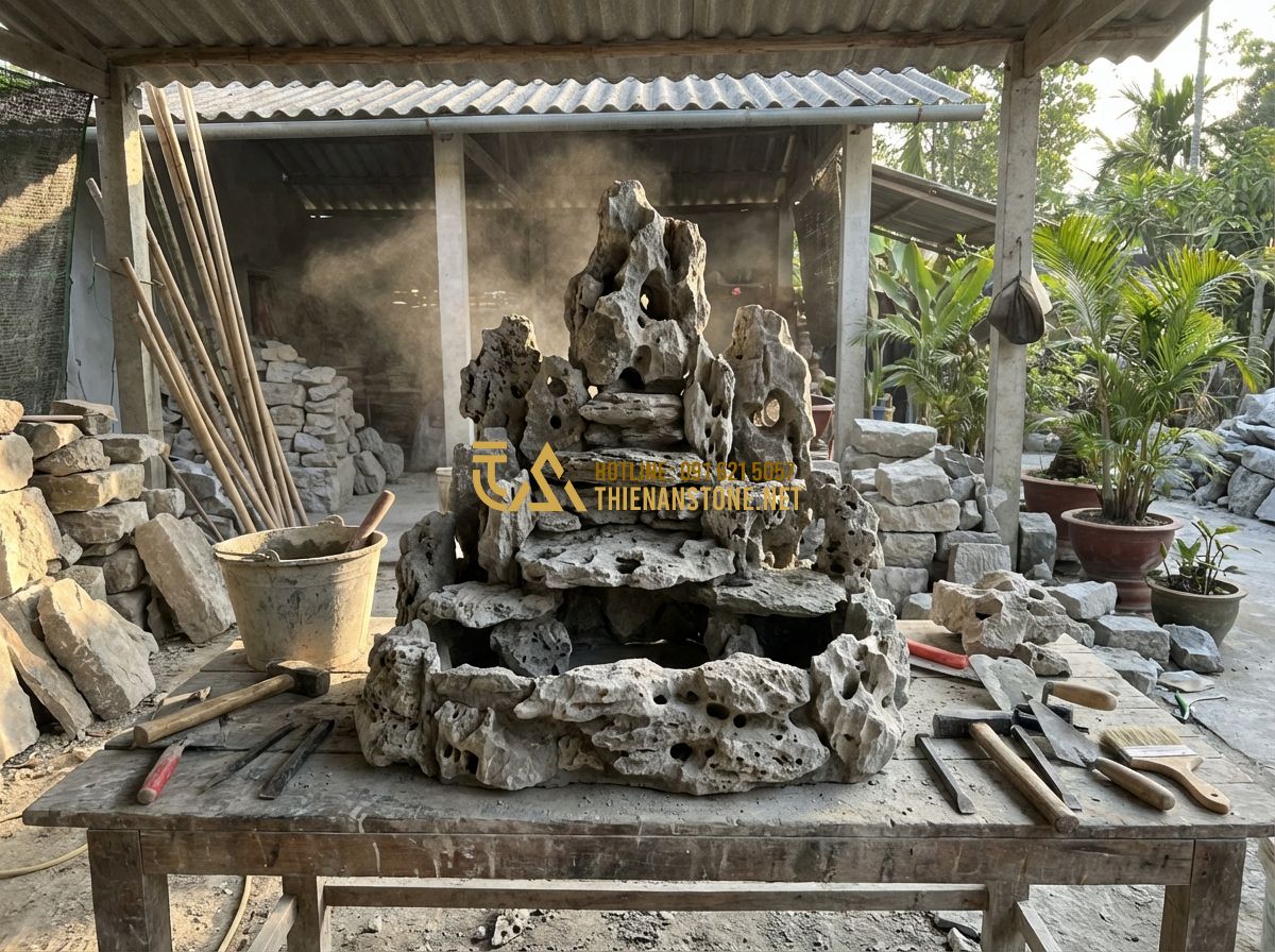Đá Tai Mèo Là Gì? Đặc Điểm, Nguồn Gốc Và Tất Tần Tật Thông Tin Quan Trọng Nhất - Tạo ảnh tiếng Anh: A skilled artisan working on a cat ear stone arrangement, car