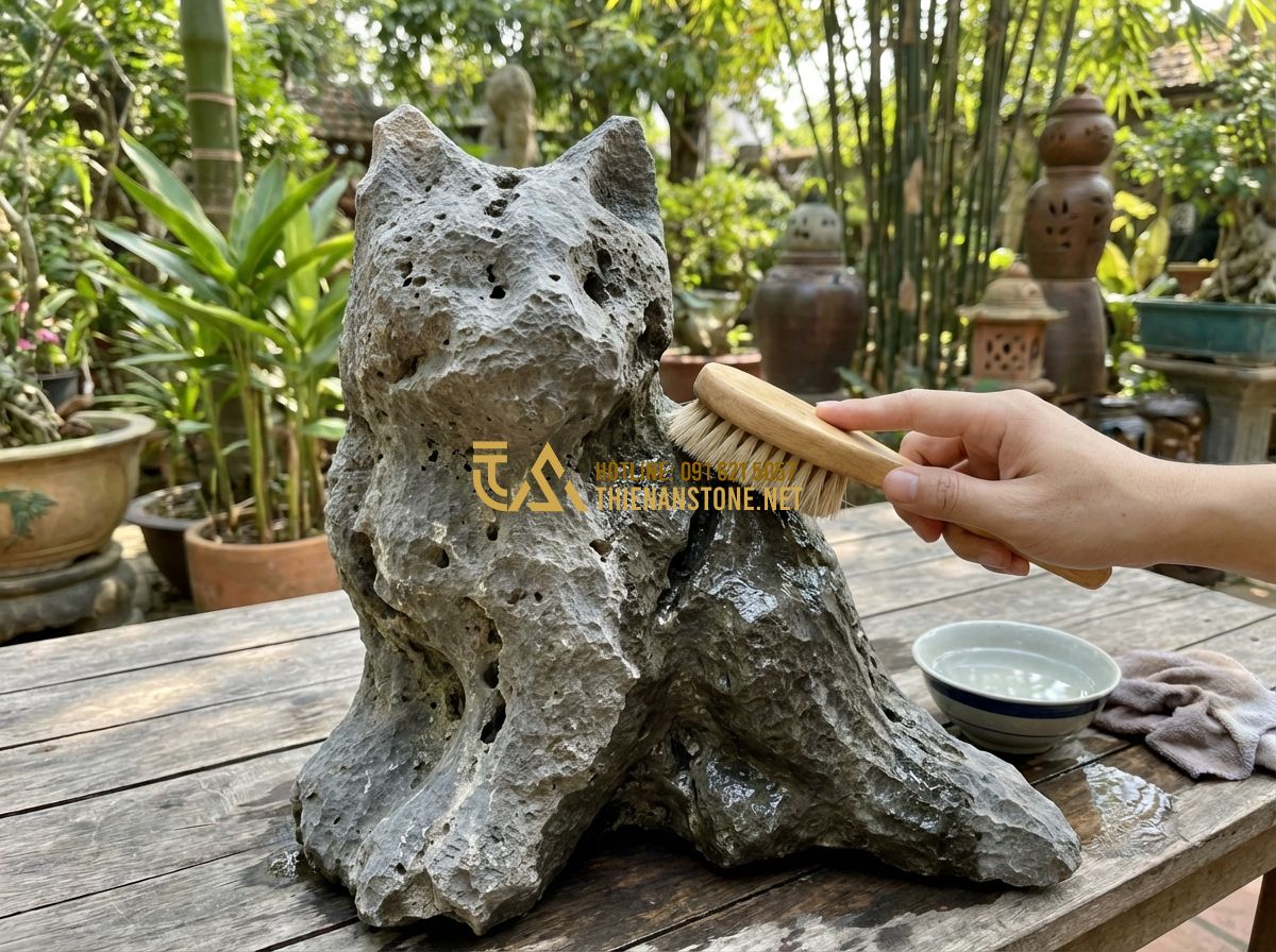 Đá Tai Mèo Là Gì? Đặc Điểm, Nguồn Gốc Và Tất Tần Tật Thông Tin Quan Trọng Nhất - Tạo ảnh tiếng Anh: A homeowner carefully cleaning a cat ear stone sculpture with