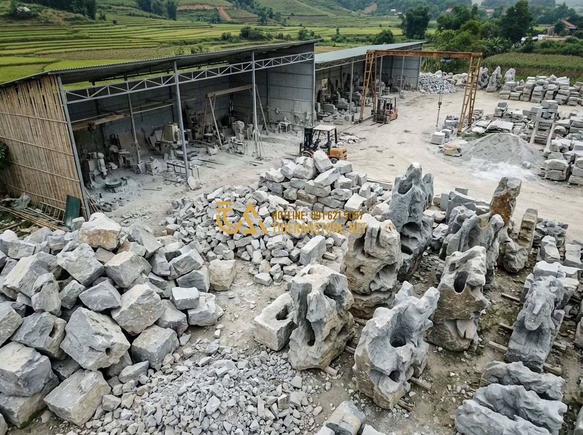 Đá Tai Mèo Là Gì? Đặc Điểm, Nguồn Gốc Và Tất Tần Tật Thông Tin Quan Trọng Nhất - Tạo ảnh tiếng Anh: An impressive aerial view of a professional stone masonry yar