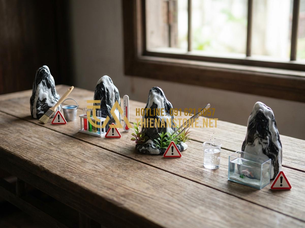 Đá Tuyết Sơn có làm tăng độ cứng (pH) của nước hồ thủy sinh không? - Hình 10 Đá Tuyết Sơn có làm tăng độ cứng (pH) của nước hồ thủy sinh không? - Checklist style infographic of important precautions for using Snow Mountain Sto