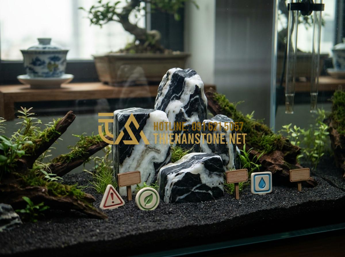 Đá Tuyết Sơn có làm tăng độ cứng (pH) của nước hồ thủy sinh không? - Hình 18 Đá Tuyết Sơn có làm tăng độ cứng (pH) của nước hồ thủy sinh không? - Warning signs and benefit icons illustrated around Snow Mountain Stone in an aqu