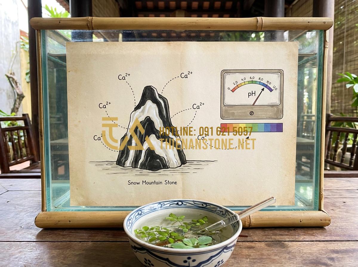 Đá Tuyết Sơn có làm tăng độ cứng (pH) của nước hồ thủy sinh không? - Hình 3 Đá Tuyết Sơn có làm tăng độ cứng (pH) của nước hồ thủy sinh không? - Scientific diagram illustration showing chemical reaction of Snow Mountain Stone